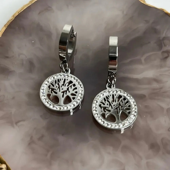 Stainless Steel Silver Plated Cubic Zirconia Tree Earrings - Picture 3 of 5
